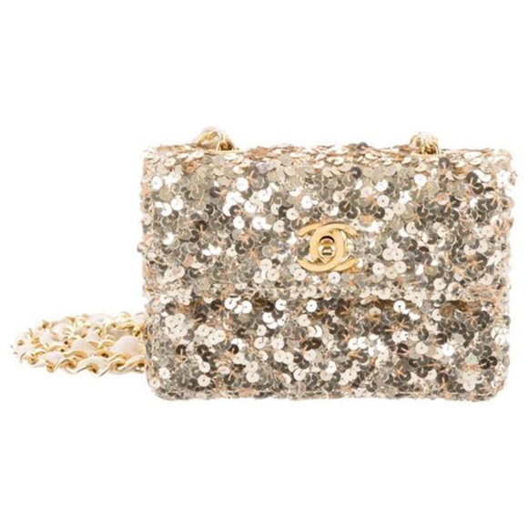 CHANEL CLASSIC FLAP RARE MICRO MINI VINTAGE GOLD SEQUIN & MICROFIBER CROSSBODY - Picture 1 of 8
